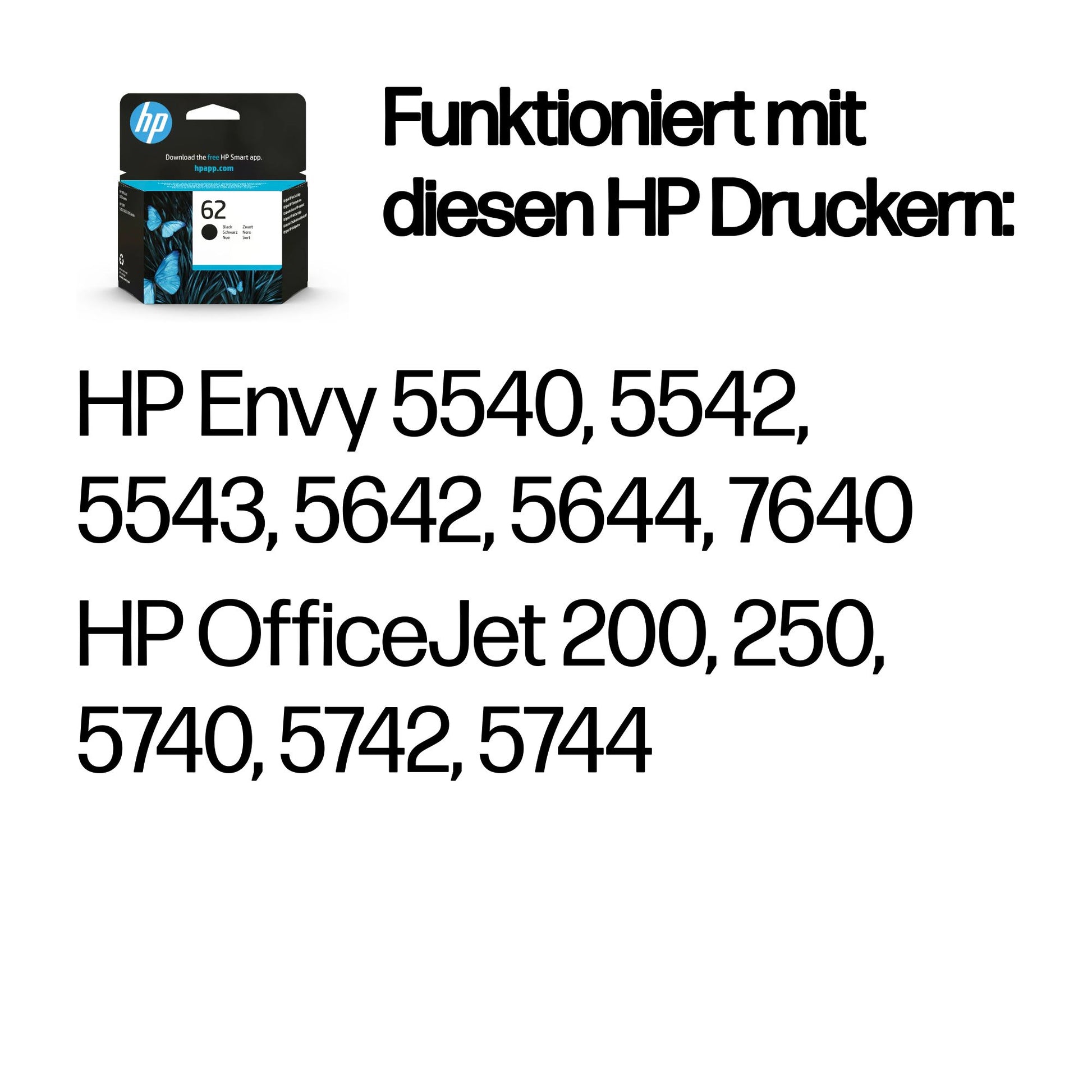HP 62 Schwarz Tintenpatrone (Original) – 200 Seiten – für HP Envy 5540/5542, OfficeJet 200/250 …