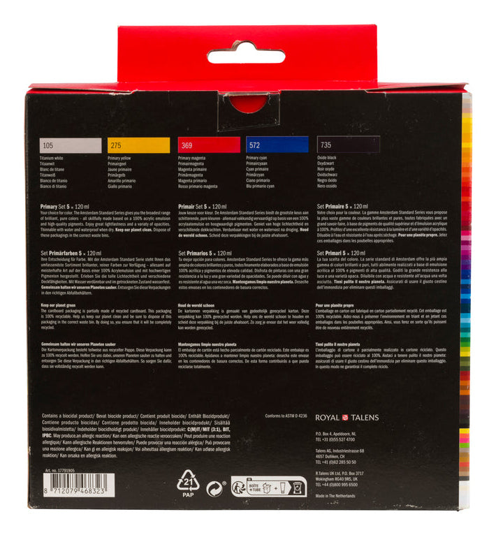 Talens Amsterdam Acrylfarbe – Schwarz/Cyan/Magenta/Weiss/Gelb – 5 Farben 5×120 ml (600 ml)