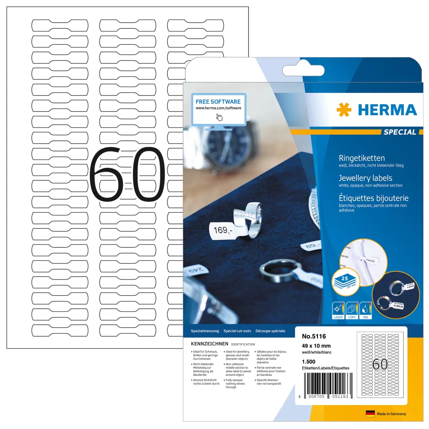 HERMA Ringetiketten – Spezialstanzung 49 × 10 mm, permanent, weiss, A4, 25 Blatt (1'500 Stk.)