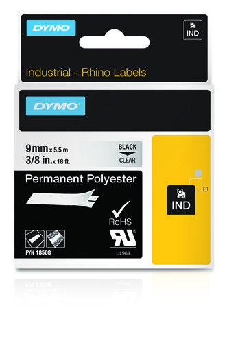 DYMO Schriftband – 9 mm × 5,5 m, transparent, schwarz – für DYMO Rhino: 3000, 4200, 5000 und weitere