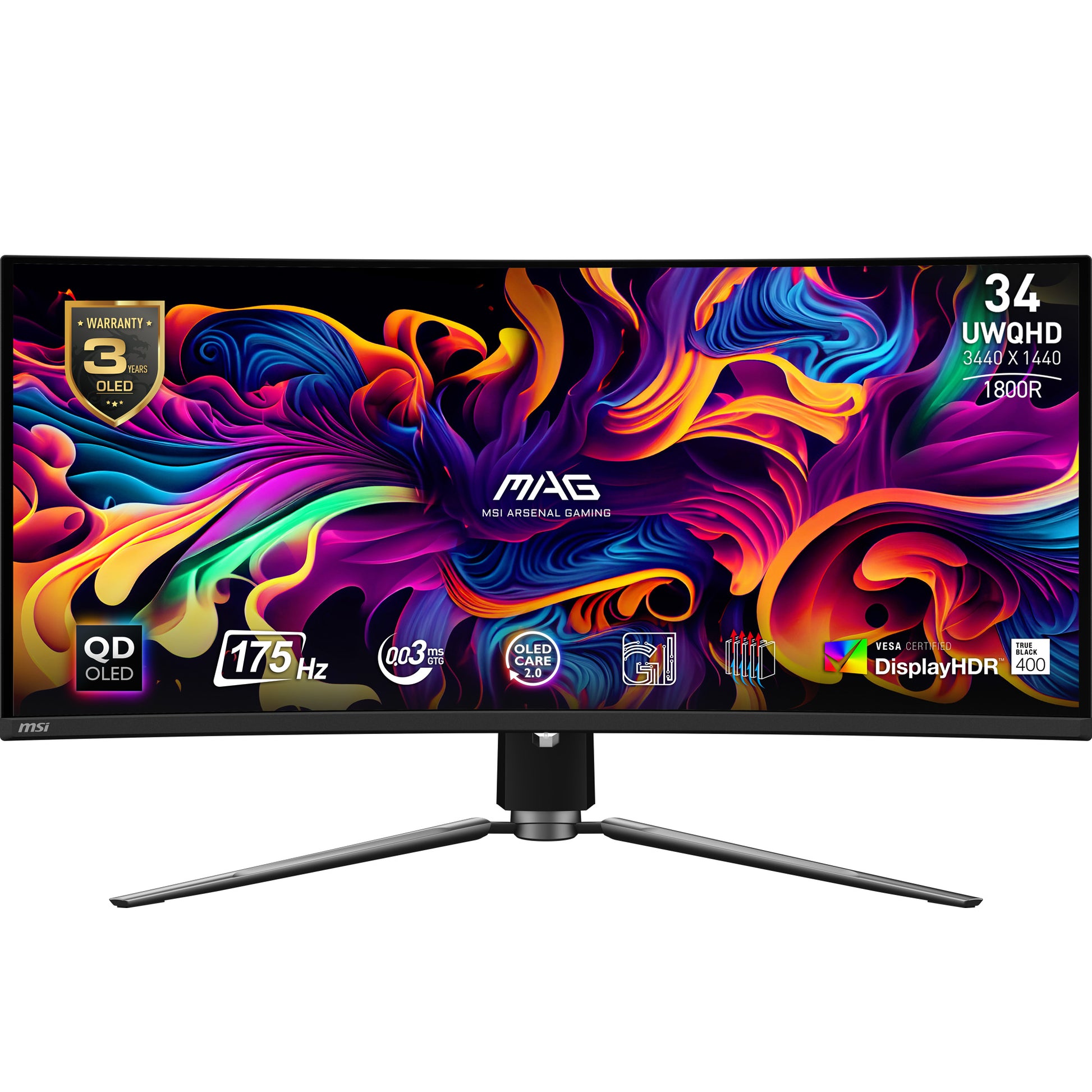 MSI MAG 341CQPDE – Monitor, 34", QD-OLED, 175 Hz, 250 cd/m², USB-C, VESA 100 × 100, Schwarz