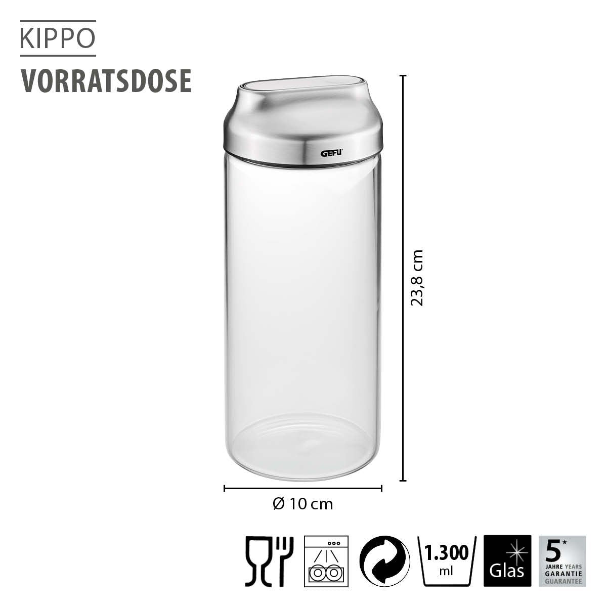 GEFU Vorratsdose 1,3 l, Ø 10 × 23,8 cm, Glas (Borosilikat)/Edelstahl, transparent