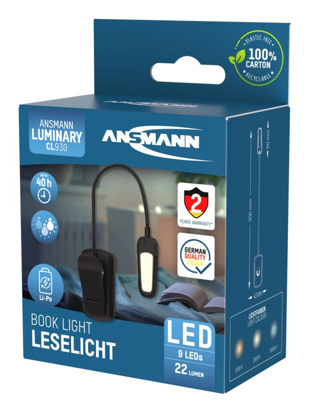 Ansmann Tischleuchte Book Light – 30 cm, 22 lm, 1600–6000 K, dimmbar, Akku, schwarz