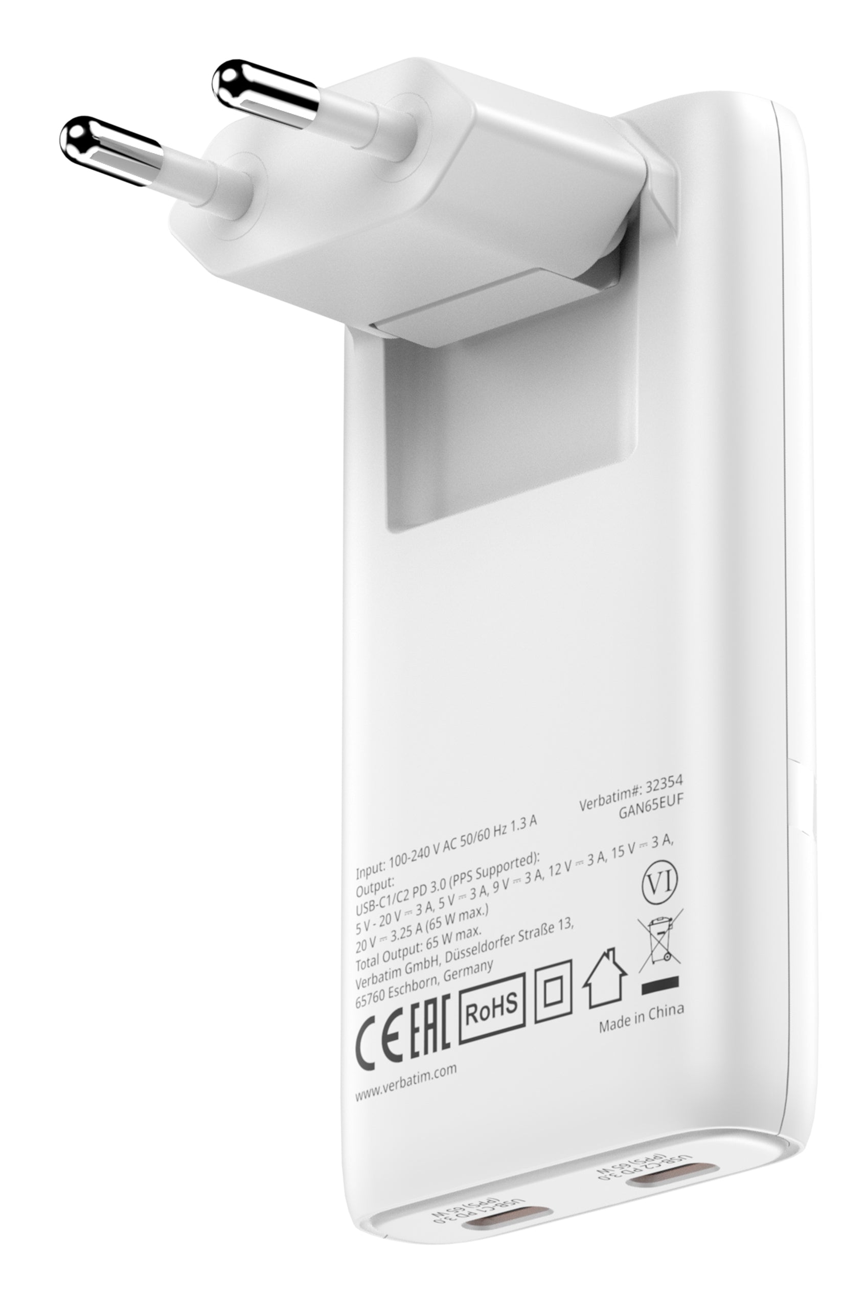 Verbatim Fold N Go GaN USB-Ladegerät 65 W – USB-C×2 – PD – EU-Stecker (Typ C) – für Laptop, Smartphone u. a.