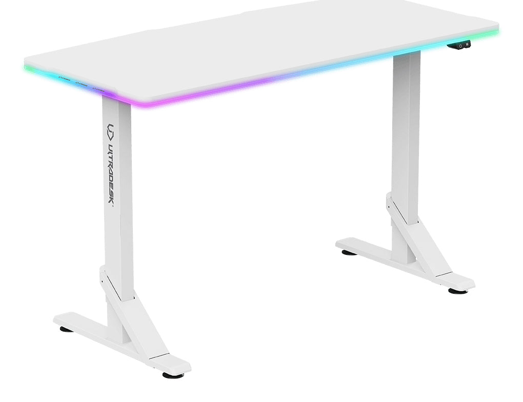 Ultradesk Iron Gaming-Tisch – 132,5 × 60,5 cm, höhenverstellbar, RGB-Beleuchtung, weiss, Stahl