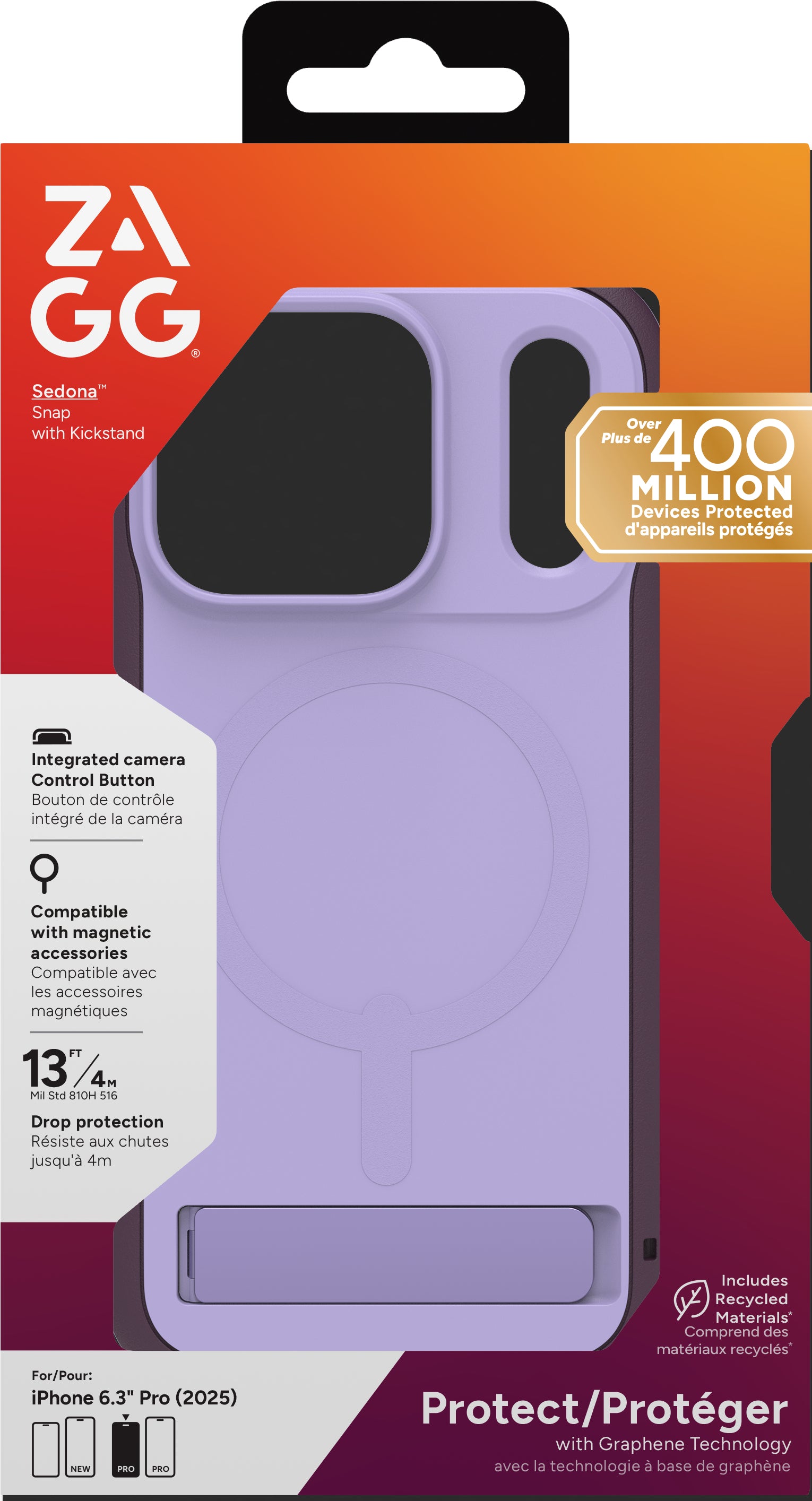 ZAGG Sedona Snap – Backcover – für Apple iPhone 17 Pro, mit Ständer, Graphen, Violett, bis 4 m Sturzsicher