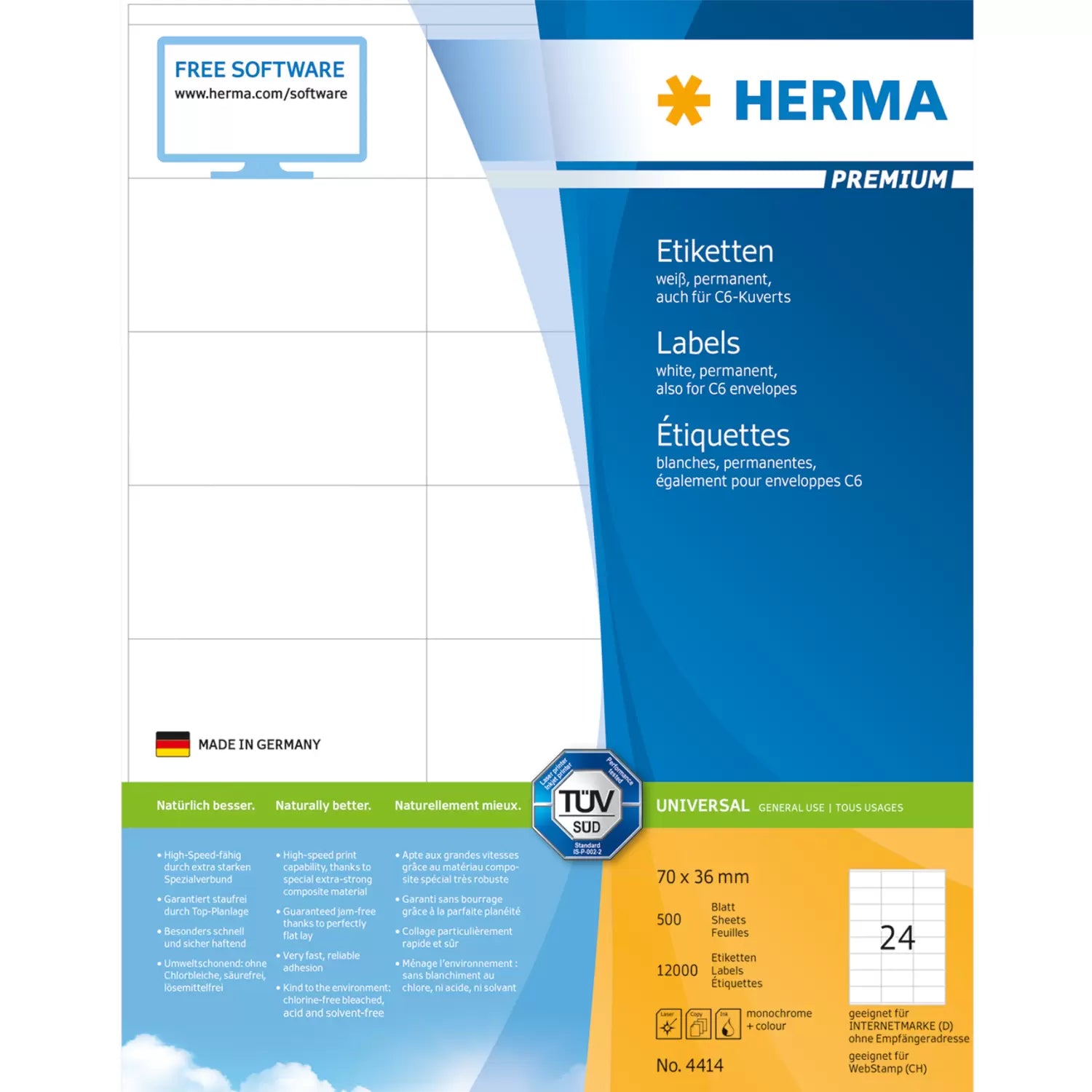 HERMA Etiketten auf Bogen, 70 mm × 36 mm, weiss, Papier, permanent, 500 Blatt