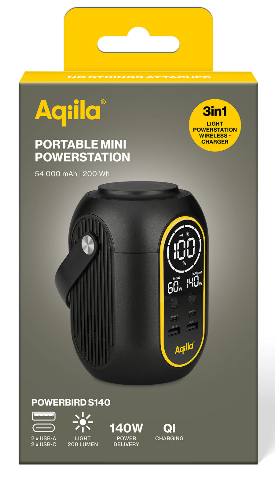 Aqiila Powerbird S140 – Powerstation, 200 Wh, 140 W AC, Li-Ion, LCD, Qi
