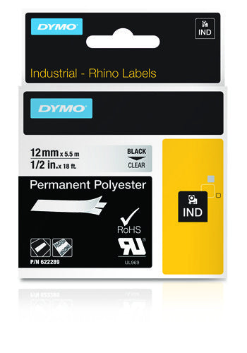 DYMO Schriftband – 12 mm × 5,5 m, transparent, schwarz