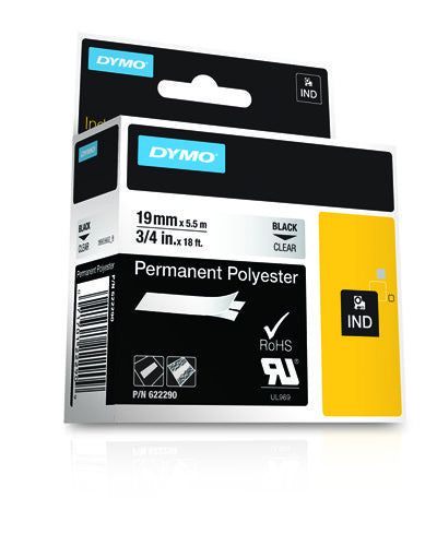Dymo Schriftband – 19 mm, transparent, schwarz, Rhino