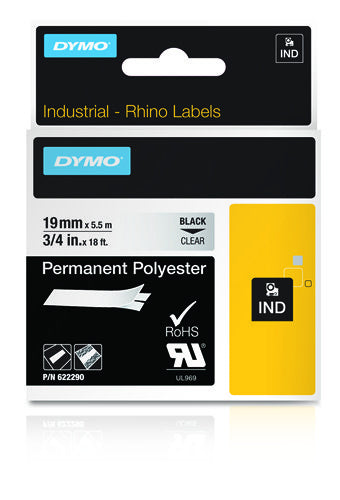 Dymo Schriftband – 19 mm, transparent, schwarz, Rhino