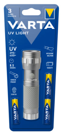 Varta Taschenlampe 15638 101 421 – UV-LED, 400 nm, 4,8 m Reichweite, 3×AAA, 8,5 h Laufzeit – Silber
