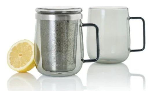 AdHoc Tasse Yuna – 560 ml, Ø 9,0 cm, H 12,5 cm, Glas, Transparent, mit Deckel, doppelwandig, mit Teefilter