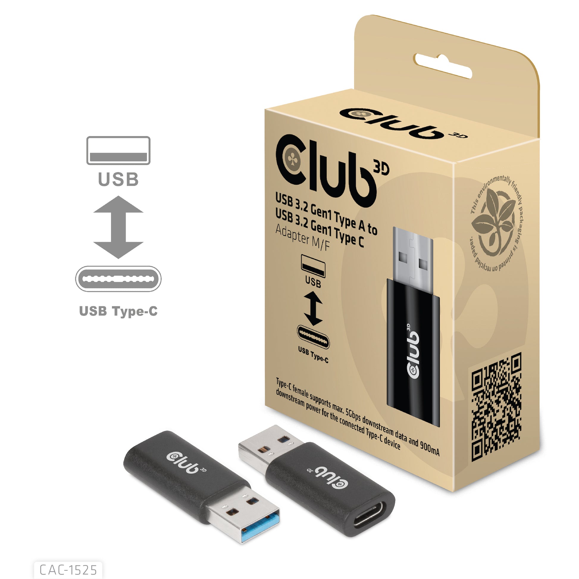 CLUB3D Club 3D – USB-Adapter USB-A auf USB-C – USB 3.2 Gen 1 (5 Gbit/s) – Schwarz