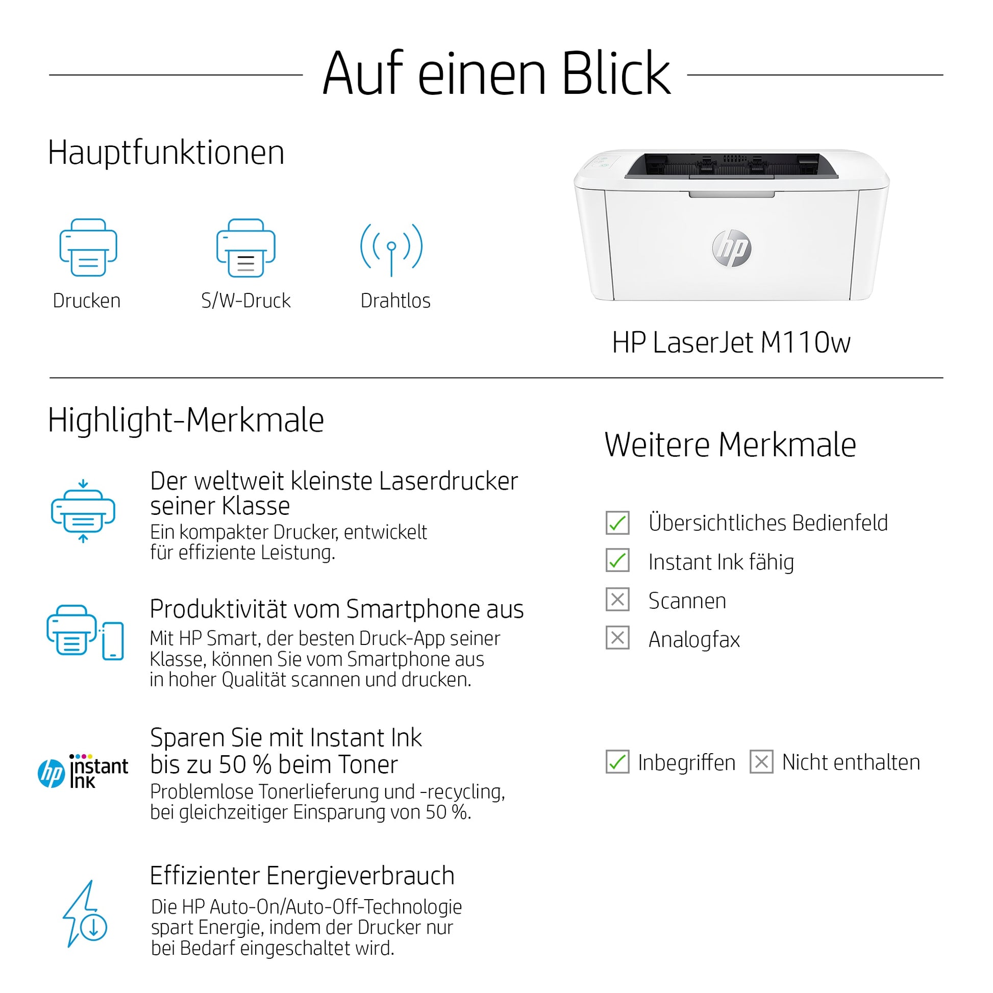 HP LaserJet M110w – A4, S/W, 20 S./Min., 600 × 600 dpi, WLAN/LAN/USB, Papier: 150 Blatt