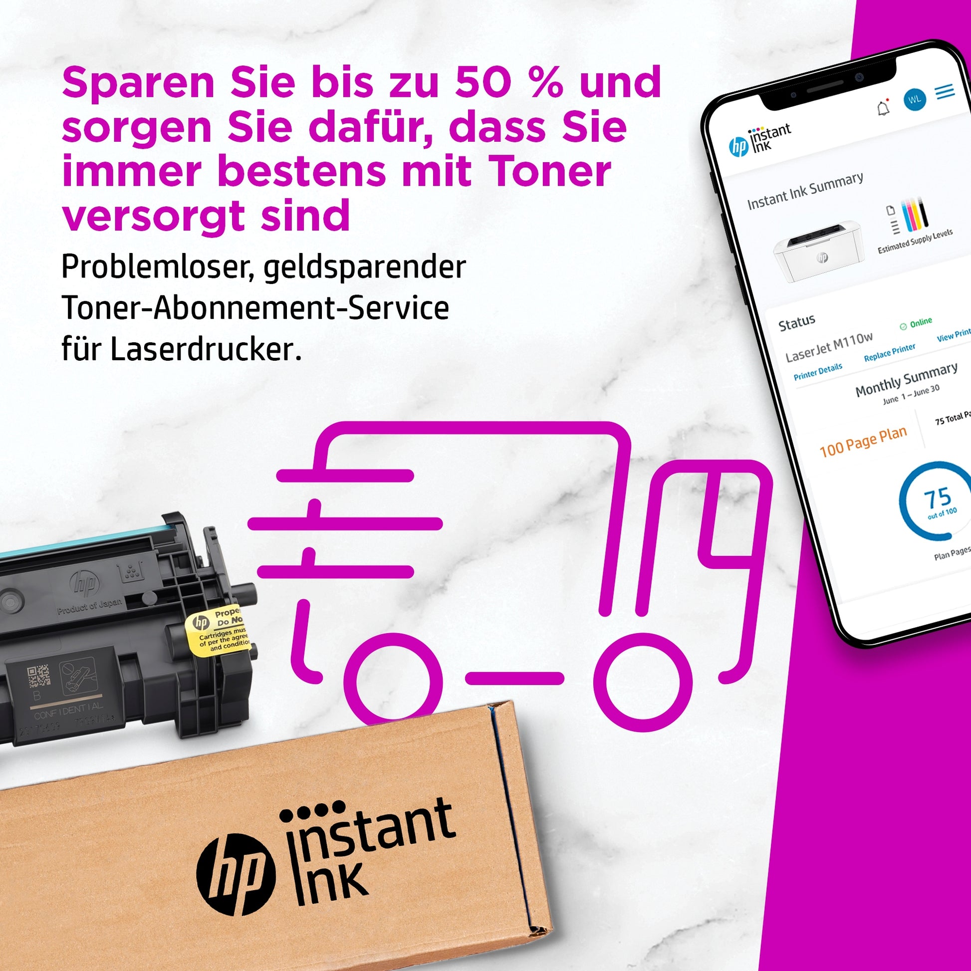 HP LaserJet M110w – A4, S/W, 20 S./Min., 600 × 600 dpi, WLAN/LAN/USB, Papier: 150 Blatt