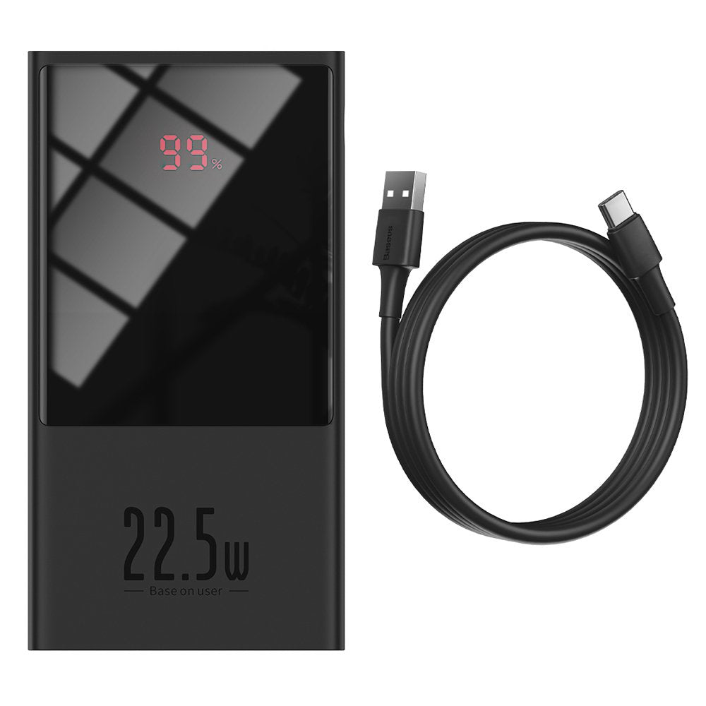 Baseus Powerbank 20000 mAh, 1× USB-A, 1× USB-C, mit Batterieladeanzeige, für Smartphones, Tablets, Schwarz
