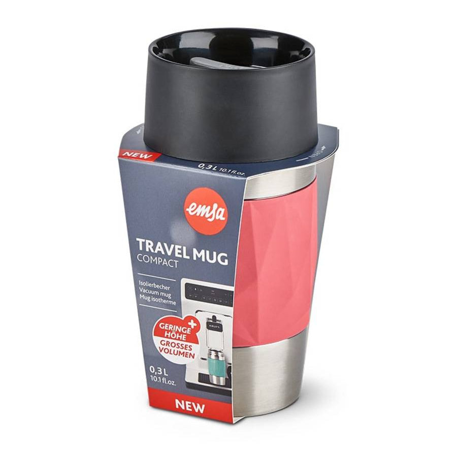 EMSA Thermobecher Travel Mug Compact – 3 dl – Edelstahl, isoliert, auslaufsicher, spülmaschinenfest – Rot