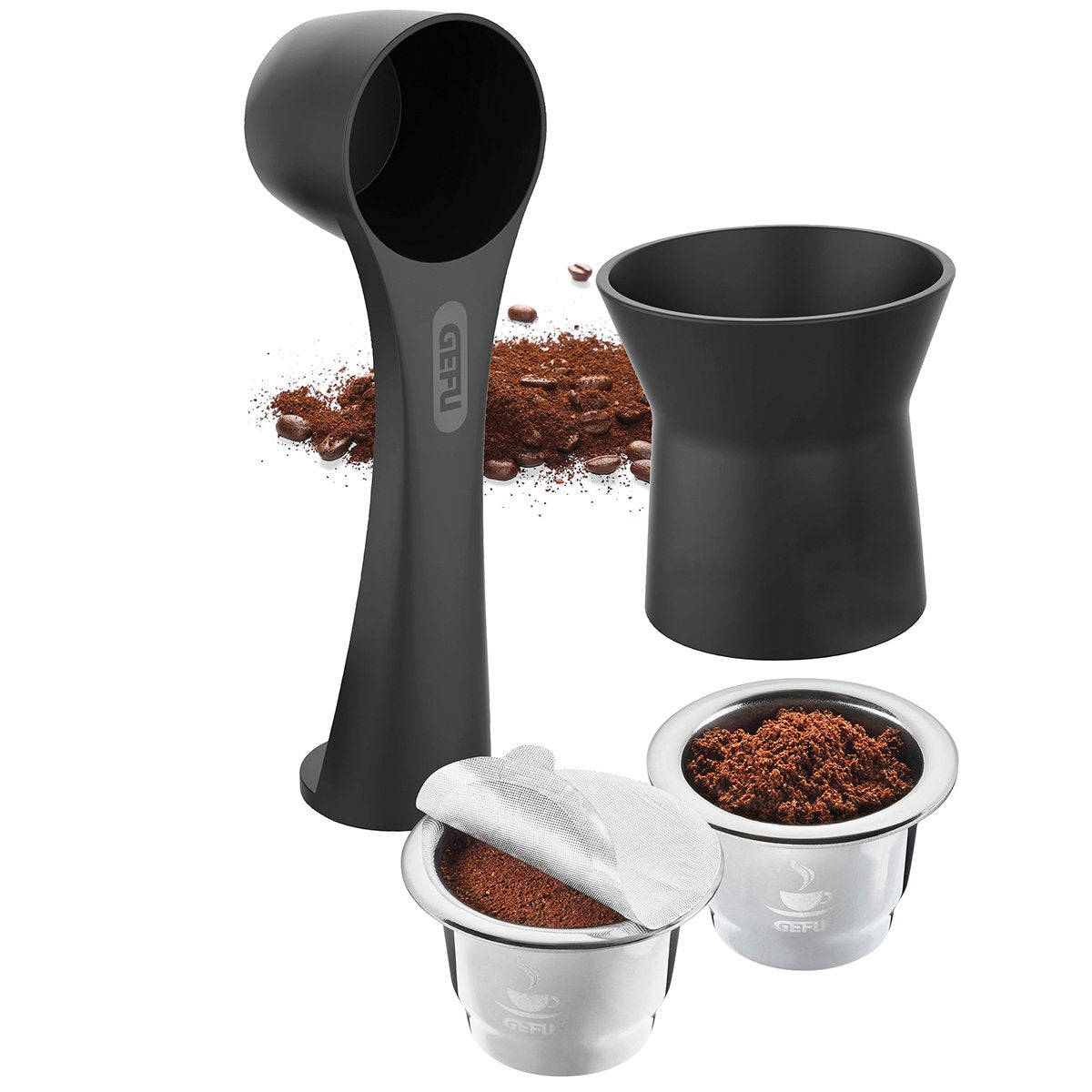 GEFU Wiederverwendbare Kaffeekapseln CONSCIO – für Nespresso-Maschinen, 8 Stk., Edelstahl/Schwarz