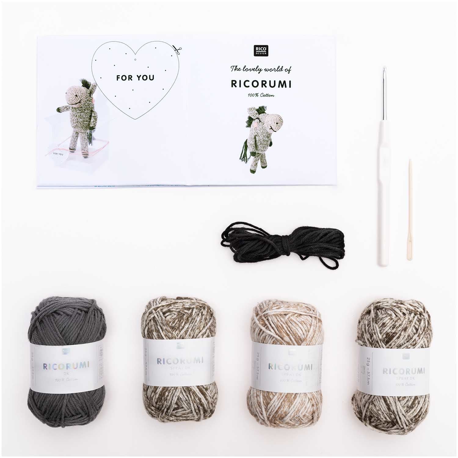 Rico Design Creative Ricorumi – Häkelset – Esel – 25 g, 57,5 m – 9-teilig – 100 % Baumwolle – Mehrfarbig
