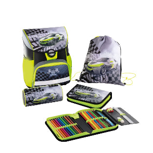 Eberhard Faber EFAlino – 4-teiliges Schulrucksack-Set, Rennauto, 18 l, 33,5×40×24 cm