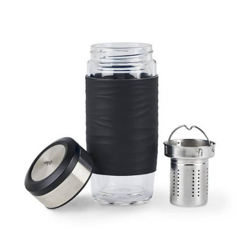 EMSA Thermobecher Tea2go – 4,2 dl – Glas, isoliert, Deckel – schwarz