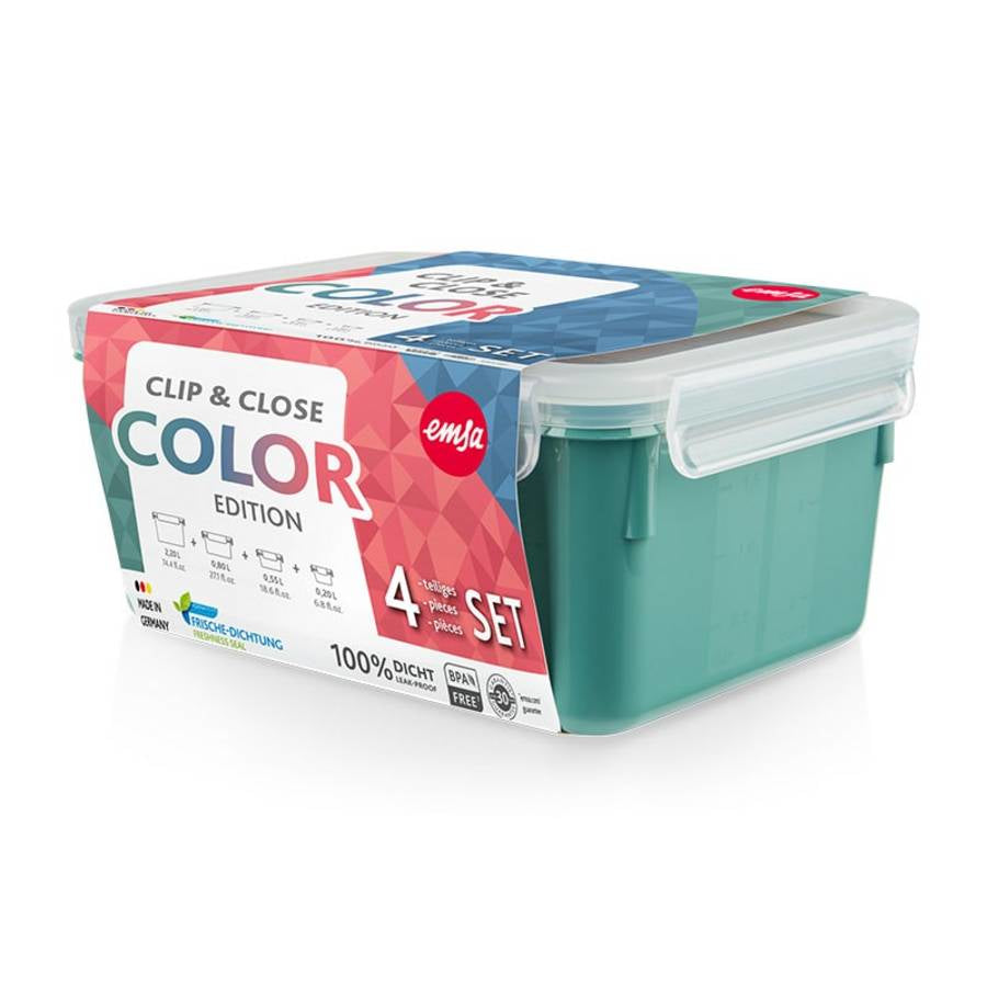 EMSA Clip & Close – Vorratsdosen 4-teilig, 200/550/800 ml/2,2 l, PP/TPE, grün/transparent