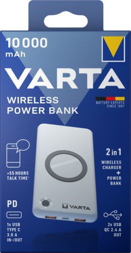 Varta Wireless Powerbank 10'000 mAh – 18 W PD, Wireless 10 W, 2× USB-C, 2× USB-A, Weiss