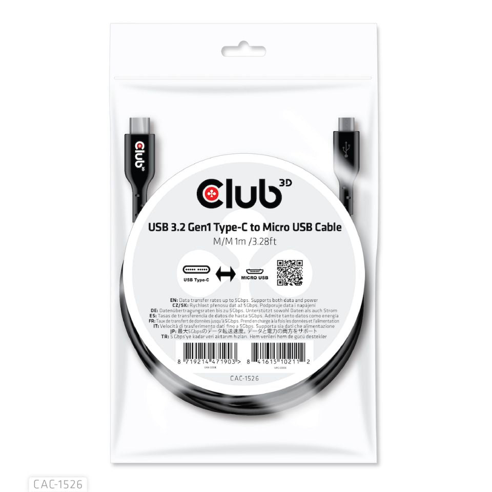 CLUB3D Club 3D – USB-C auf Micro-USB-B Kabel – USB 3.2 Gen 1 (5 Gbit/s) – 1 m – Schwarz