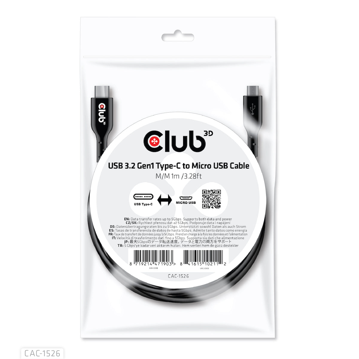 CLUB3D Club 3D – USB-C auf Micro-USB-B Kabel – USB 3.2 Gen 1 (5 Gbit/s) – 1 m – Schwarz