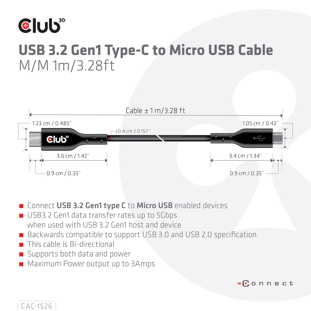 CLUB3D Club 3D – USB-C auf Micro-USB-B Kabel – USB 3.2 Gen 1 (5 Gbit/s) – 1 m – Schwarz