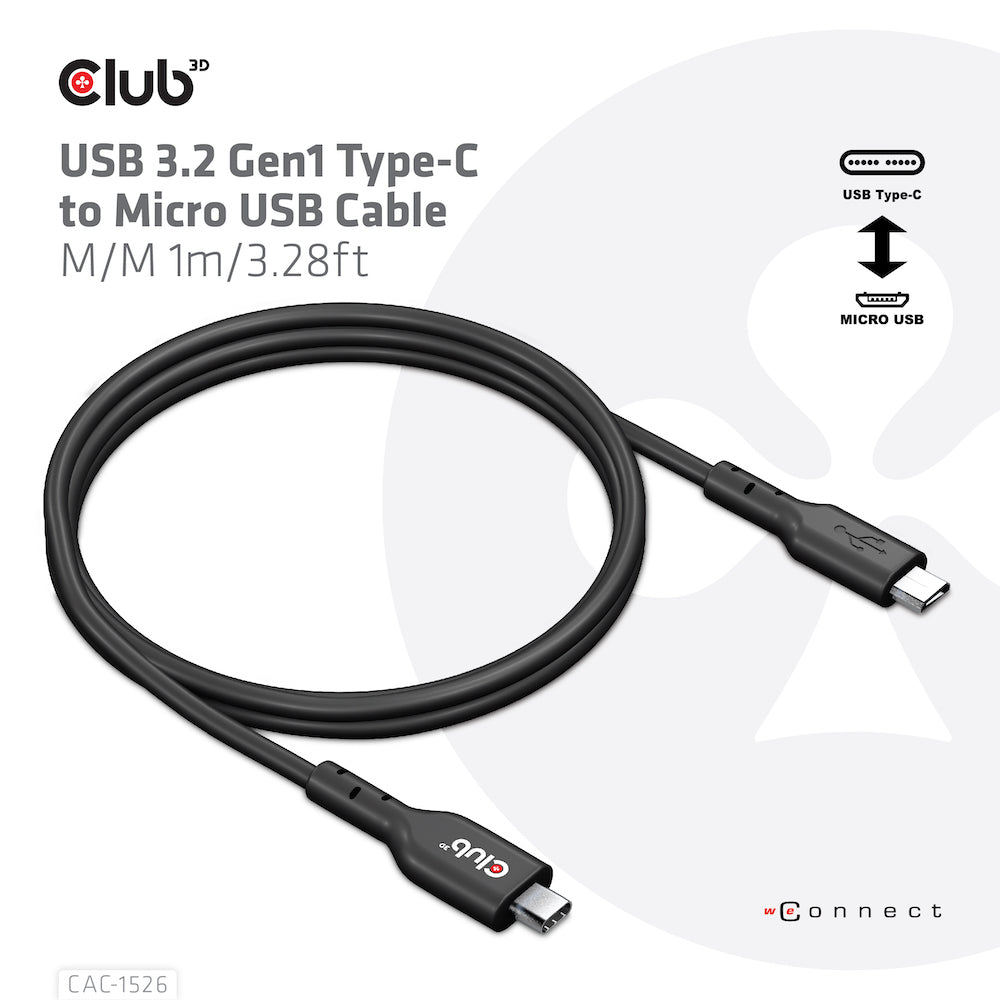 CLUB3D Club 3D – USB-C auf Micro-USB-B Kabel – USB 3.2 Gen 1 (5 Gbit/s) – 1 m – Schwarz