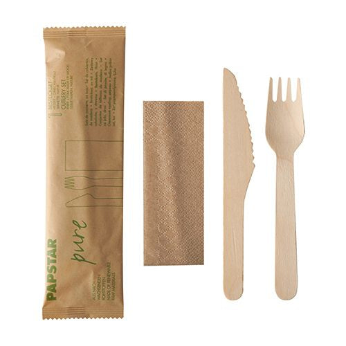 Papstar Besteck-Set 3-teilig, Holz (Birke) – 16,5 cm – kompostierbar – 50 Stk.