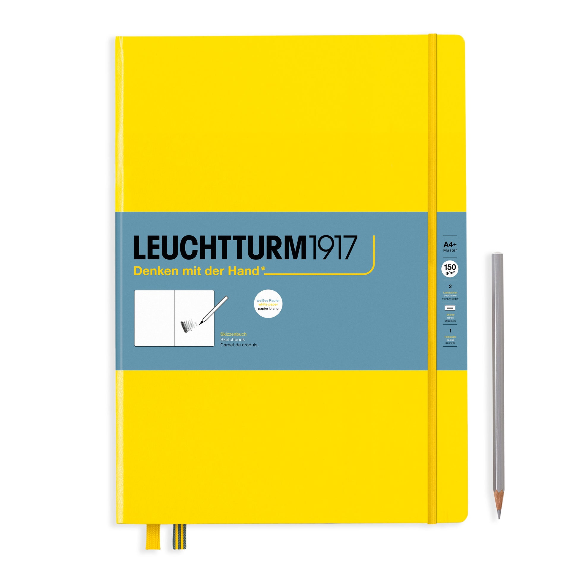 Leuchtturm Malbuch – A4+ – 150 g/m² – Hardcover – mit Gummiband – 112 Seiten – Gelb – mit Tasche