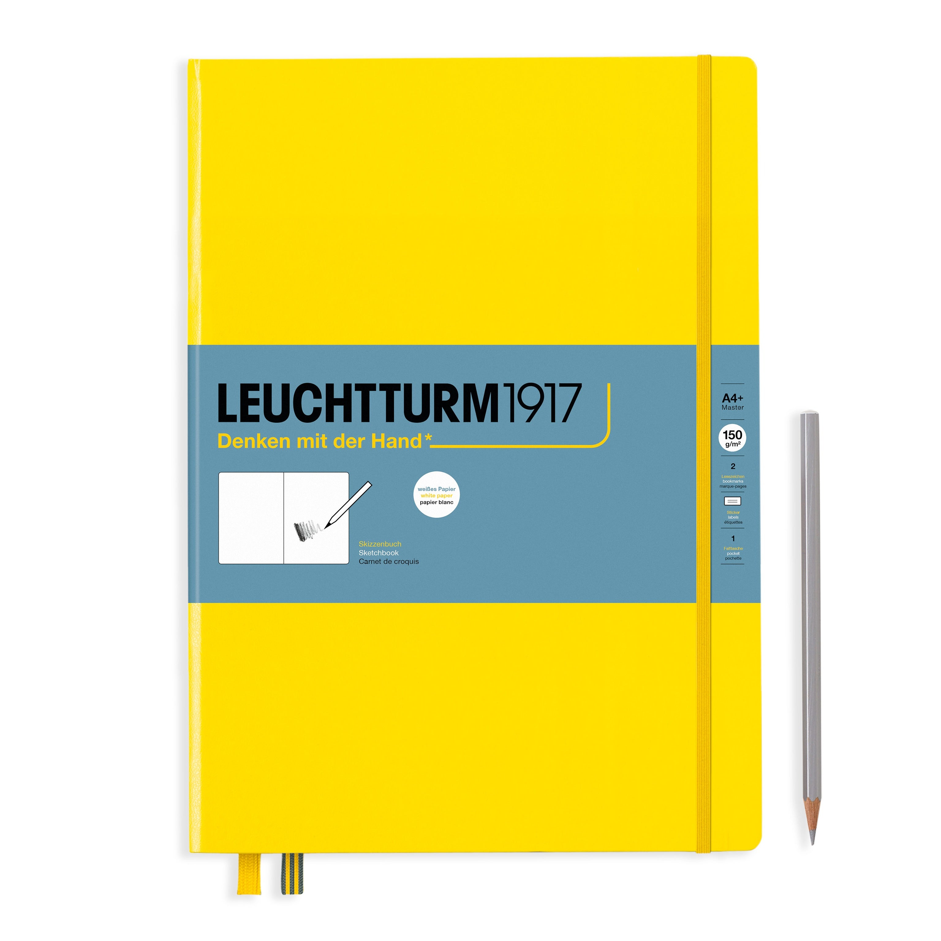 Leuchtturm Malbuch – A4+ – 150 g/m² – Hardcover – mit Gummiband – 112 Seiten – Gelb – mit Tasche