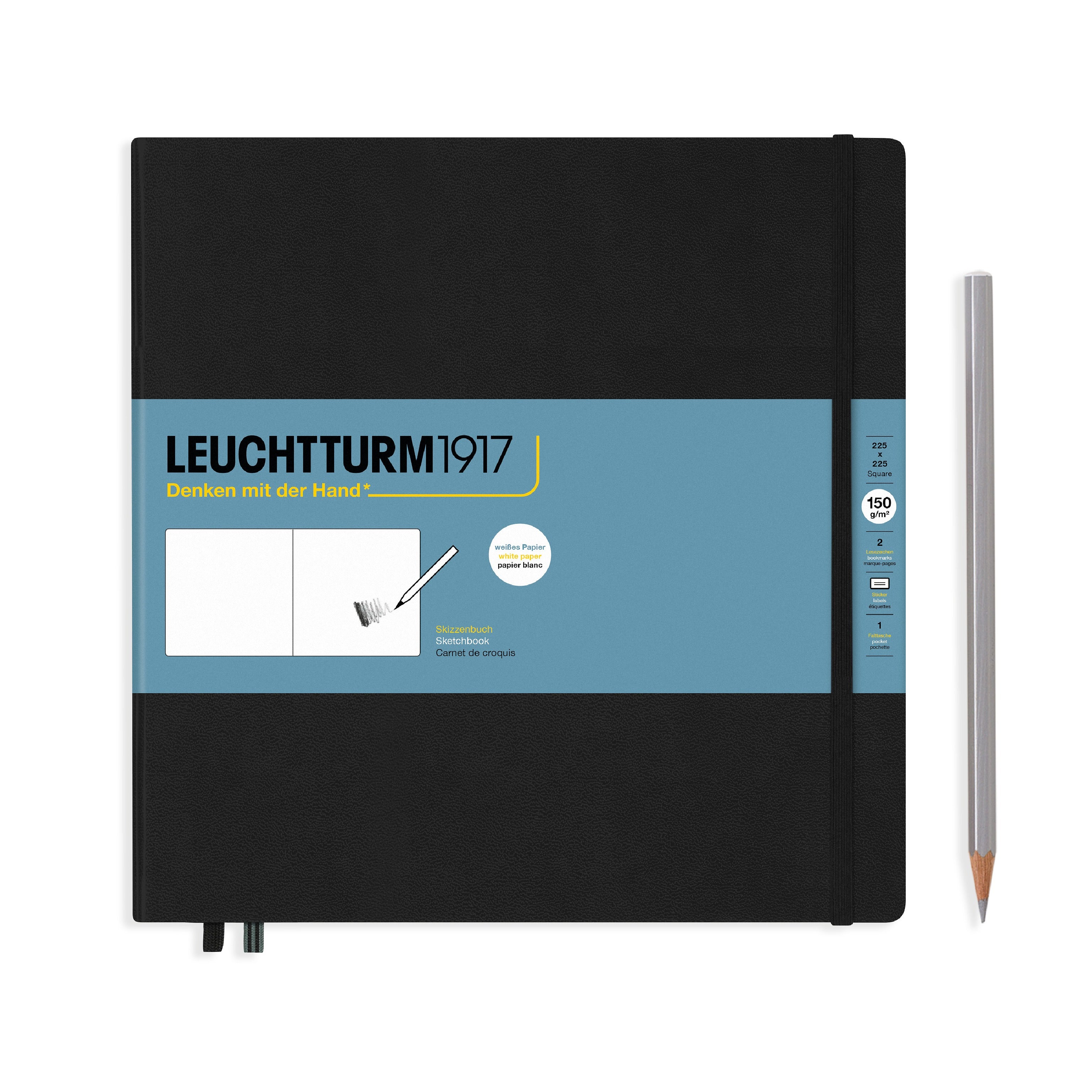Leuchtturm Malbuch – 22,5 × 22,5 cm – 150 g/m² – Hardcover – mit Gummiband – 112 Seiten – Schwarz – mit Tasche