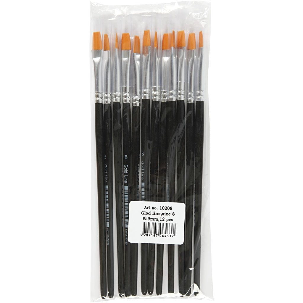 Creativ Company Pinsel-Set – Flachpinsel, Nylon, Schwarz, Gold, Grösse 8, 185 mm, 12er-Set