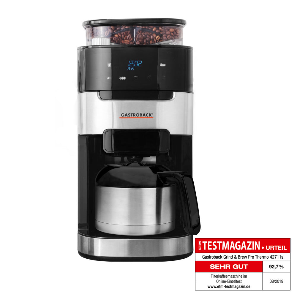 Gastroback Grind & Brew Pro Thermo 42711 S Filterkaffeemaschine – 8 Tassen, 1,0 l, Timer, Schwarz/Edelstahl