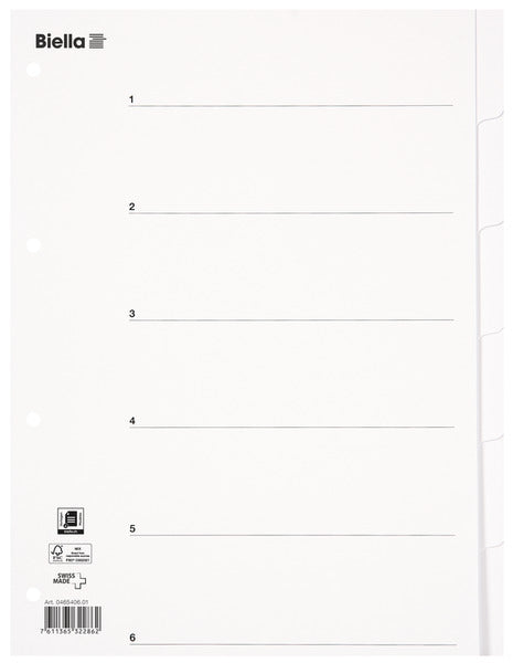 Biella Register – Vollformat, 6-teilig, Karton, weiss, unbedruckt, Indexblatt, 11-fach – für A4 hoch
