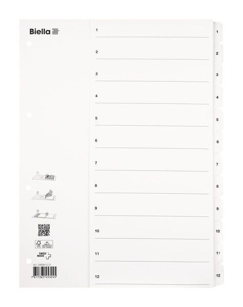 Biella SmartIndex Register – A4, 12-teilig, Karton, weiss, vorgedruckt, 11-fach Lochung, für A4-Ordner