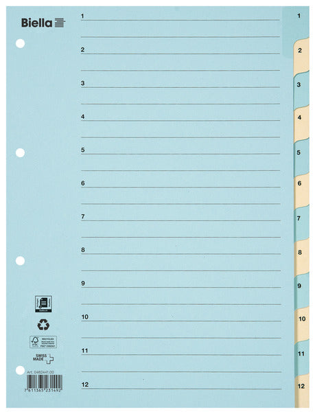 Biella Register – A4, 12-teilig, Karton, farbig, vorgedruckt, Indexblatt, 11-fach gelocht