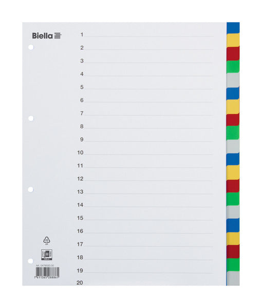 Biella Register – A4, 20-teilig, PP, farbig, unbedruckt, mit Indexblatt, 4-fach gelocht, für Zeigebuchtaschen