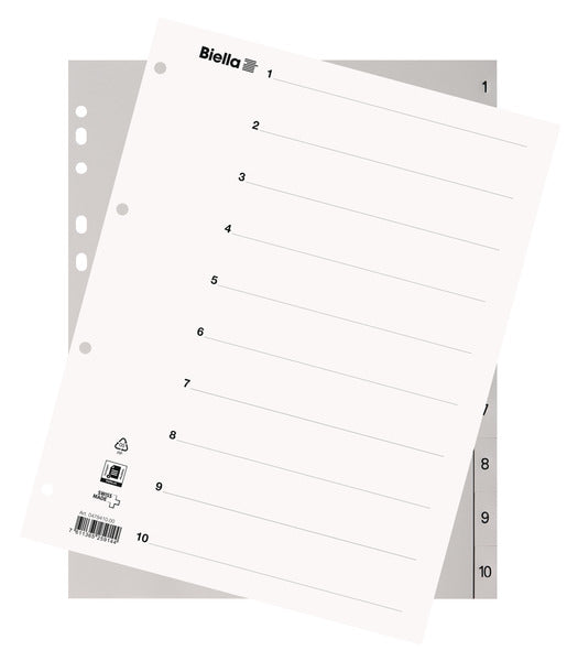 Biella Register – A4 überbreit, 10-teilig, PP, grau, vorgedruckt, mit Indexblatt, 11-fach Lochung