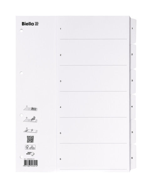 Biella Register – A4, 6-teilig, Karton, weiss, vorgedruckt, SmartIndex, verstärkte Tabs