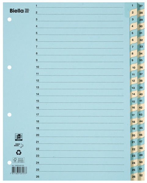 Biella Register – A4, Karton, farbig, vorgedruckt, 11-fach Lochung, mit Indexblatt