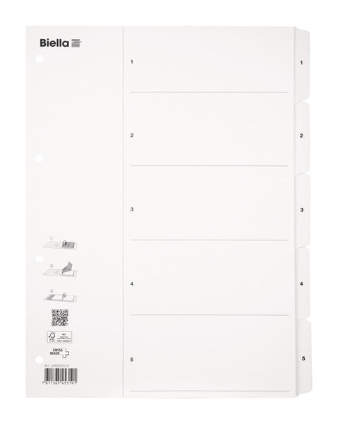 Biella SmartIndex Register – A4, 5-teilig, Karton, weiss, vorgedruckt, verstärkte Taben, Indexblatt