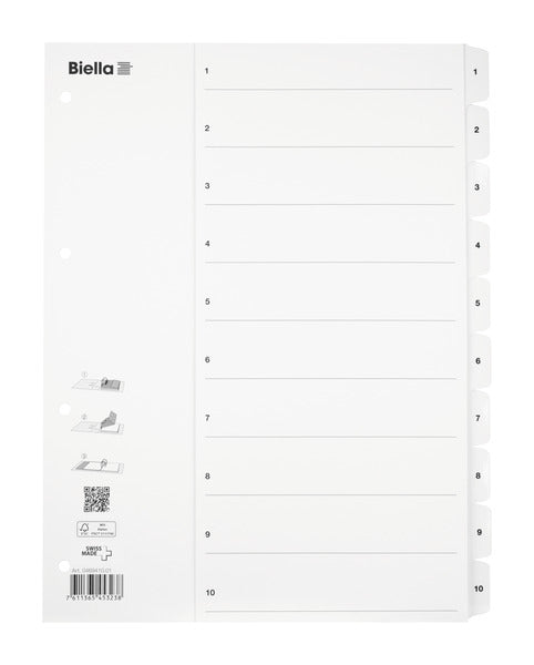 Biella SmartIndex Register – A4, 10-teilig, Karton, weiss, vorgedruckt, verstärkte Taben, für A4-Ordner