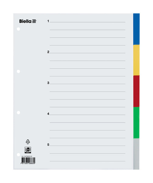 Biella Register – A4, 5-teilig, Kunststoff, farbig, unbedruckt, mit Indexblatt, 4-fach gelocht
