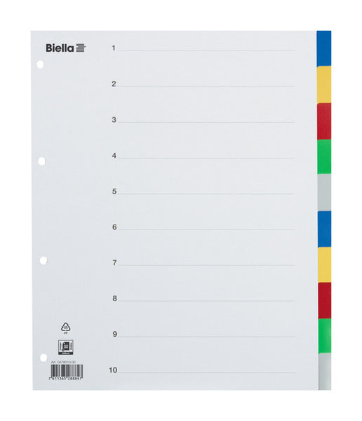 Biella Register – A4, 10-teilig, Kunststoff, farbig, unbedruckt, mit Indexblatt, für Zeigebuchtaschen