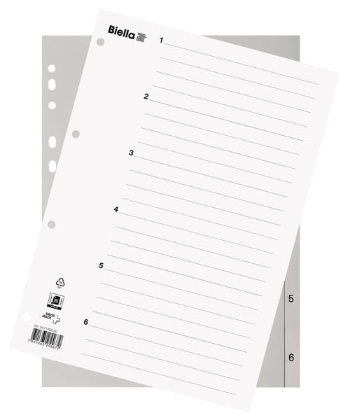 Biella Register – A4, 6-teilig, PP, hellgrau, vorgedruckt, 11-fach gelocht, mit Indexblatt, für A4